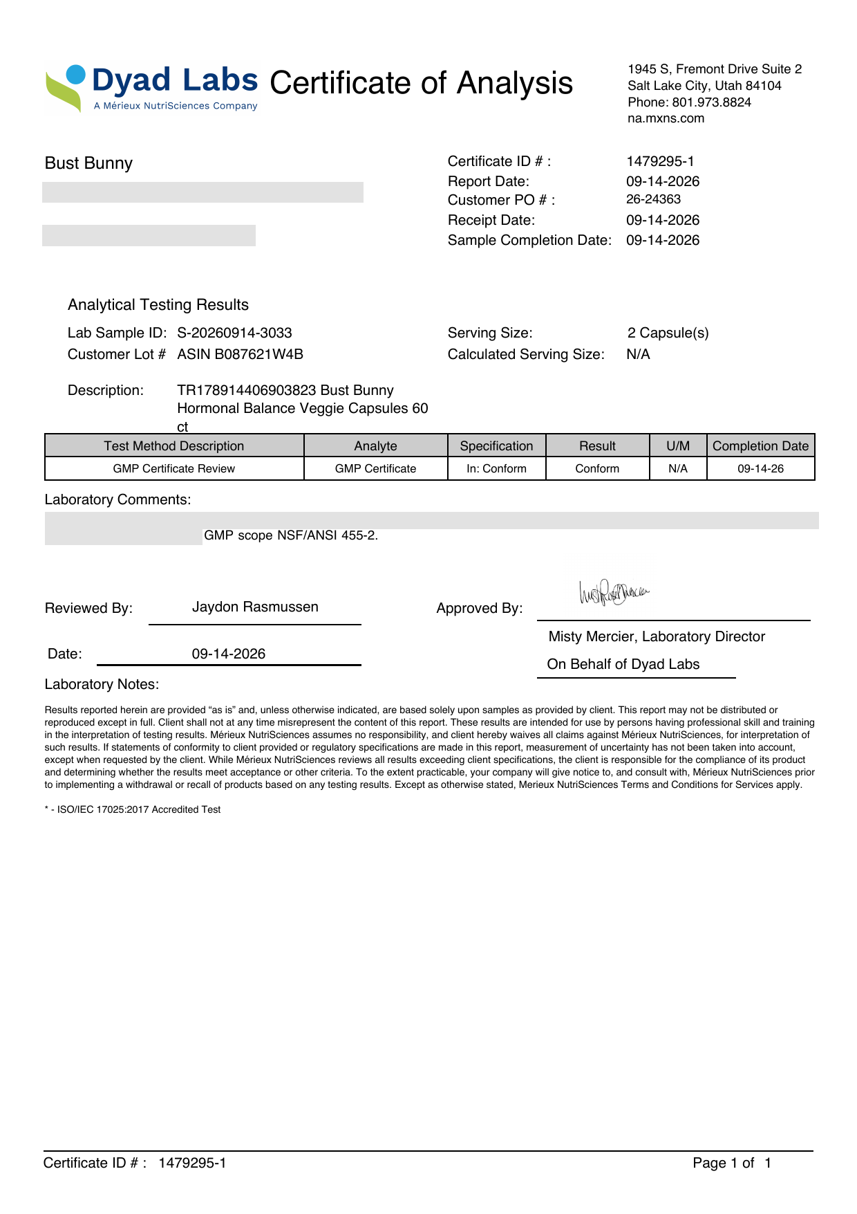 GMP Certificate from Dyad Labs (Mérieux NutriSciences), result Conform, ISO/IEC 17025:2017 accredited