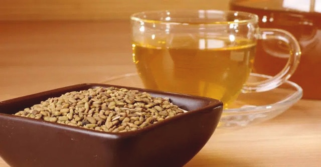 bowl of fenugreek seeds and cup of fenugreek tea