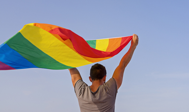 man holding LGBT rainbow flag
